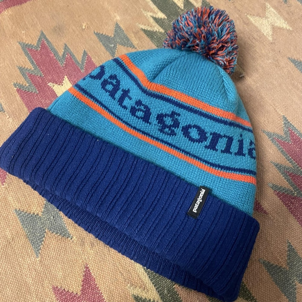 Patagonia Hat Beanie Mens One Size Blue Striped Pom Winter Knit STY29187FA16